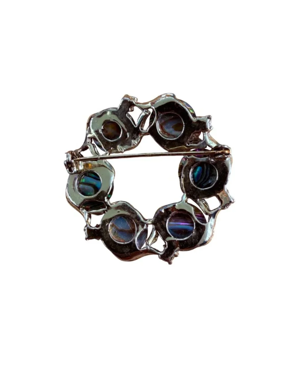 Vintage Abalone Shell Circle Brooch Silver Tone Wreath Pin Paua Statement Jewelr